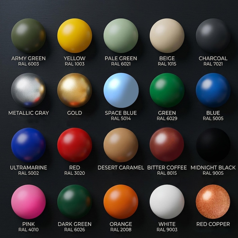 May include: A collection of 20 colored spheres arranged on a black surface. Each sphere displays a different color, including army green, yellow, pale green, beige, charcoal, metallic gray, gold, space blue, green, blue, ultramarine, red, desert caramel, bitter coffee, midnight black, pink, dark green, orange, white, and red copper.
