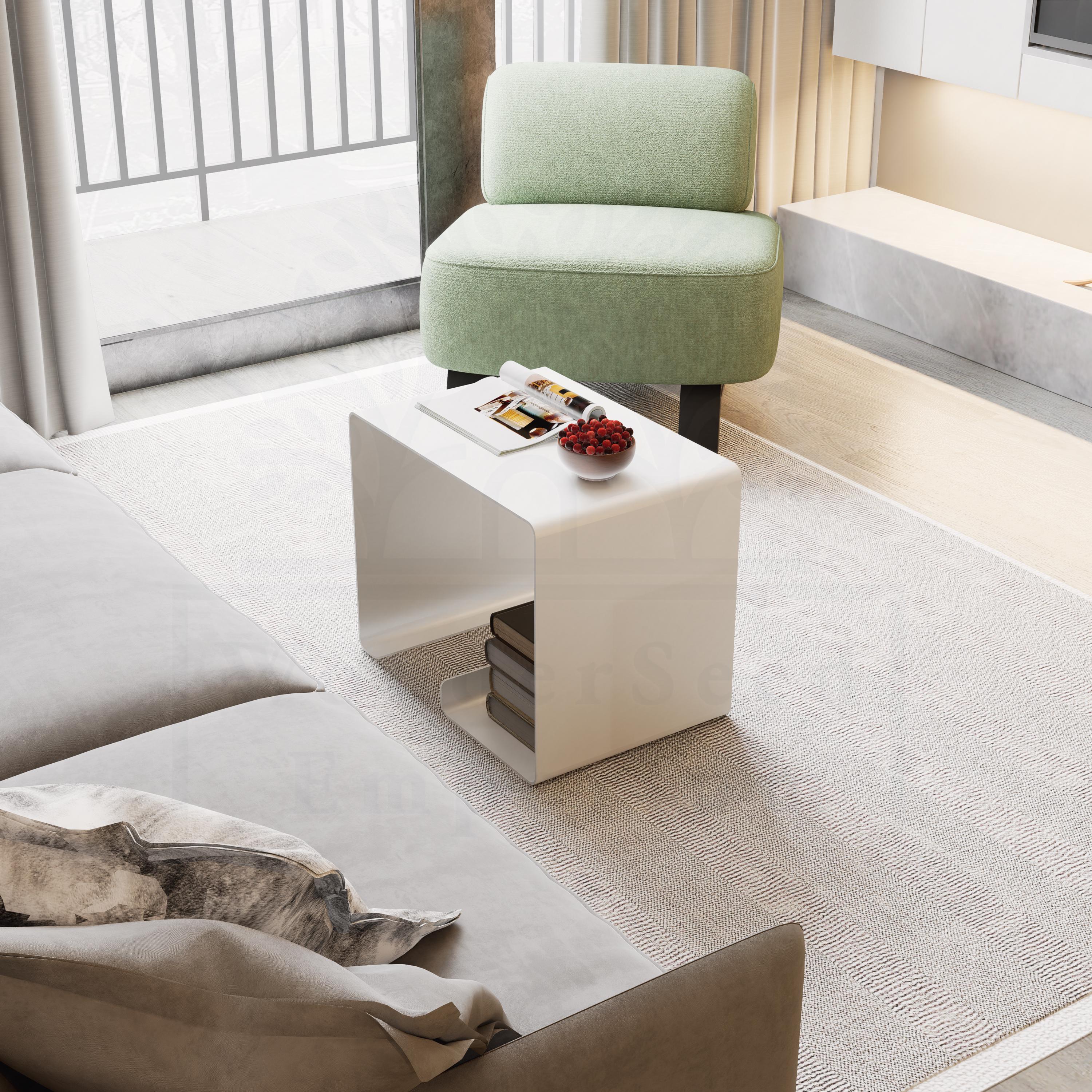 White Metal Coffee Table: Modern Minimalist Nightstand, Living Room Organizer