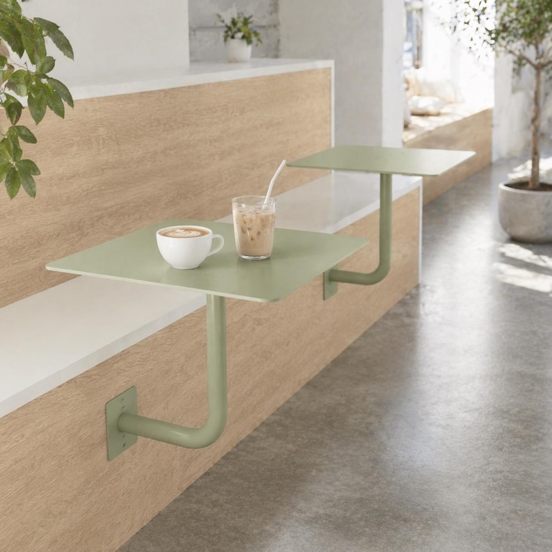 May include: Two small, square, sage green tables are mounted on a wall. One table holds a white coffee cup and a glass of iced coffee. The tables are supported by curved metal legs, creating a minimalist cafe design.