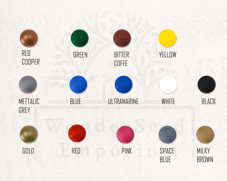 May include: A color chart featuring twelve round, solid-colored objects with corresponding text labels. Colors include red copper, green, bitter coffee, yellow, metallic grey, blue, ultramarine, white, black, gold, red, pink, space blue, and milky brown.