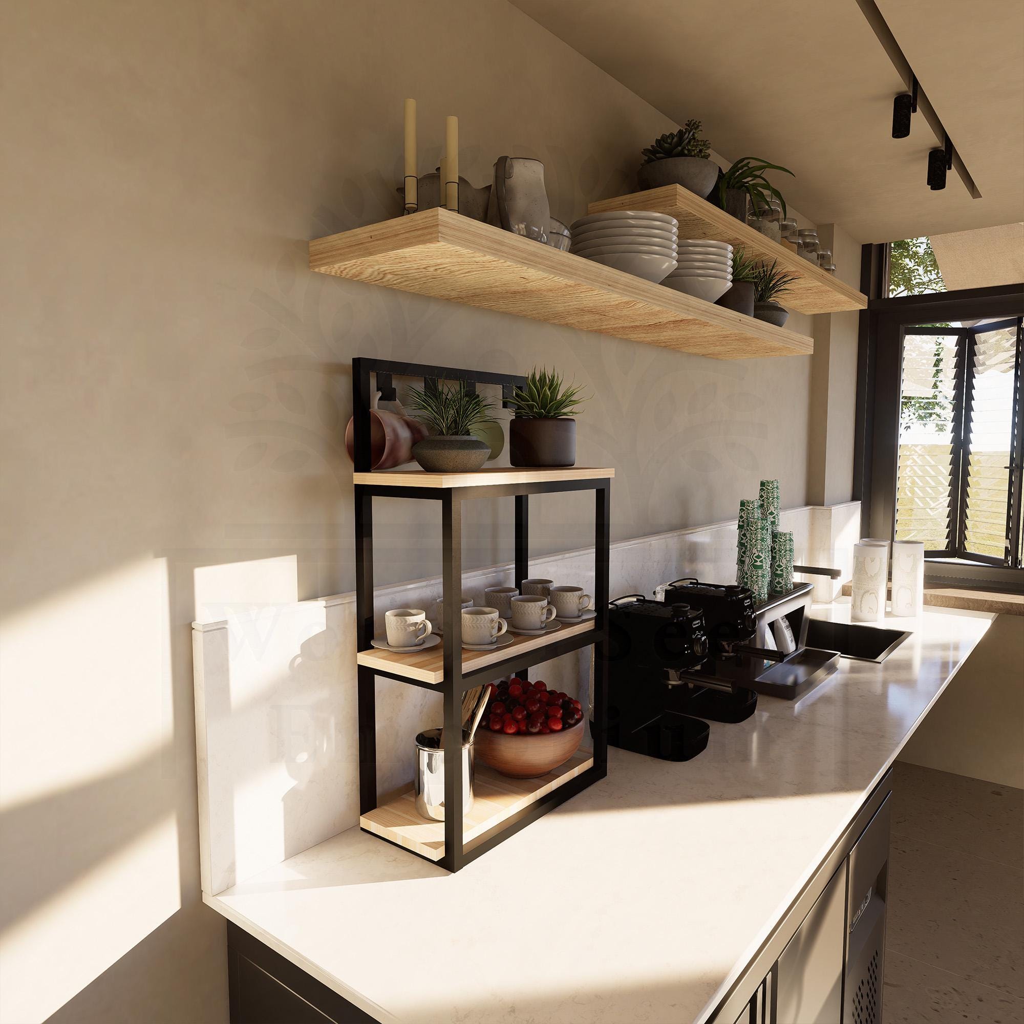 Rustikales Holz & Metall 3-Tier Arbeitsplatten Regal: Küche Kaffeebar Organizer