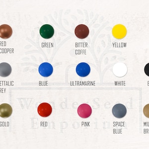 May include: A colour chart displaying 15 circular, solid-coloured objects. Colours include red copper, green, bitter coffee, yellow, metallic grey, blue, ultramarine, white, black, gold, red, pink, space blue, and milky brown. Text labels each colour.