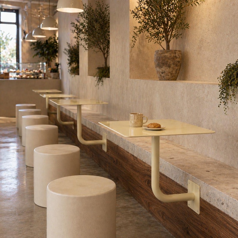 May include: A cafe interior featuring a row of cream-colored cylindrical stools and square tables. The tables are attached to a wooden and stone wall. Olive trees in pots and hanging plants add greenery. A cup and a pastry sit on one table.