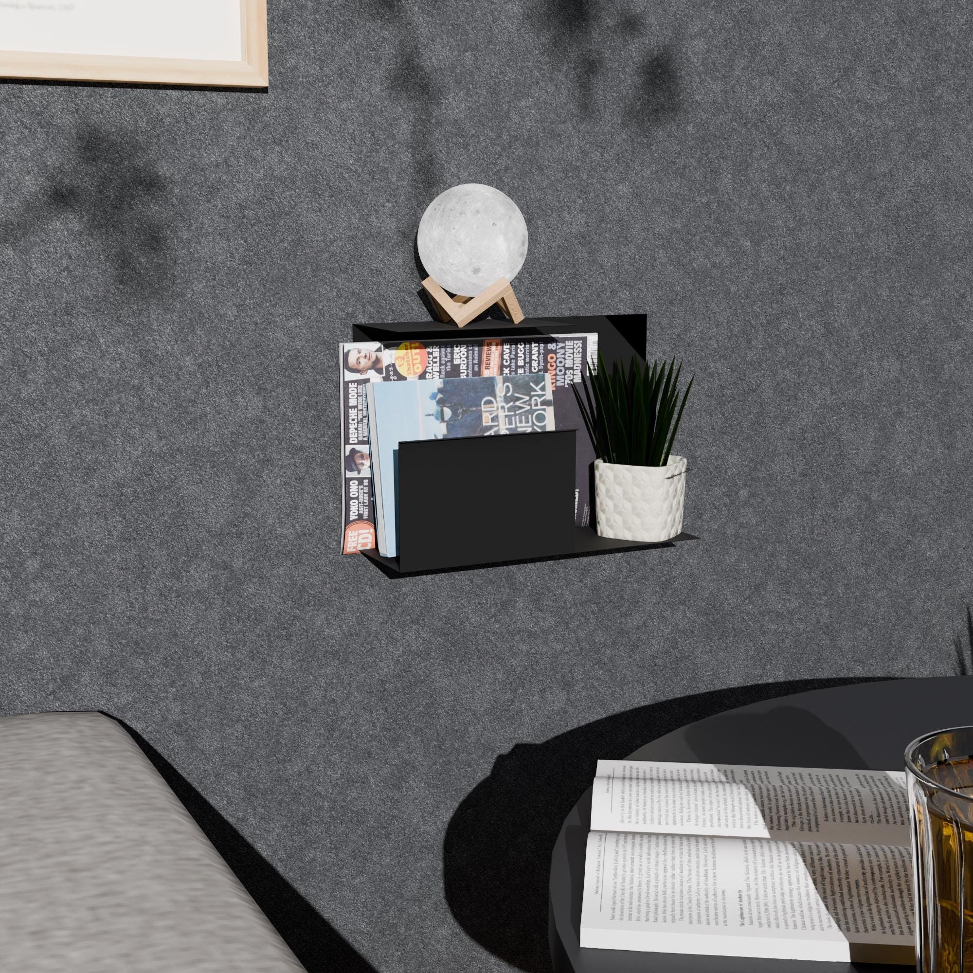 Floating Metal Wall Shelf: Asymmetrical Magazine Rack & Phone Stand