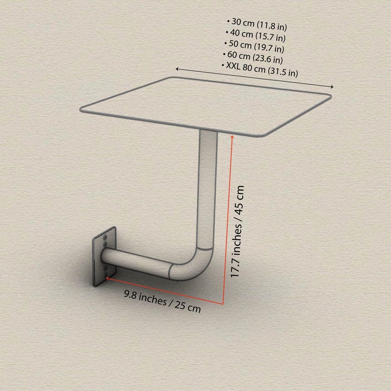 May include: A wall-mounted shelf with a square top, supported by a curved metal arm. The shelf is 31.5 inches (80 cm) wide. The arm extends 17.7 inches (45 cm) from the wall and is 9.8 inches (25 cm) long.