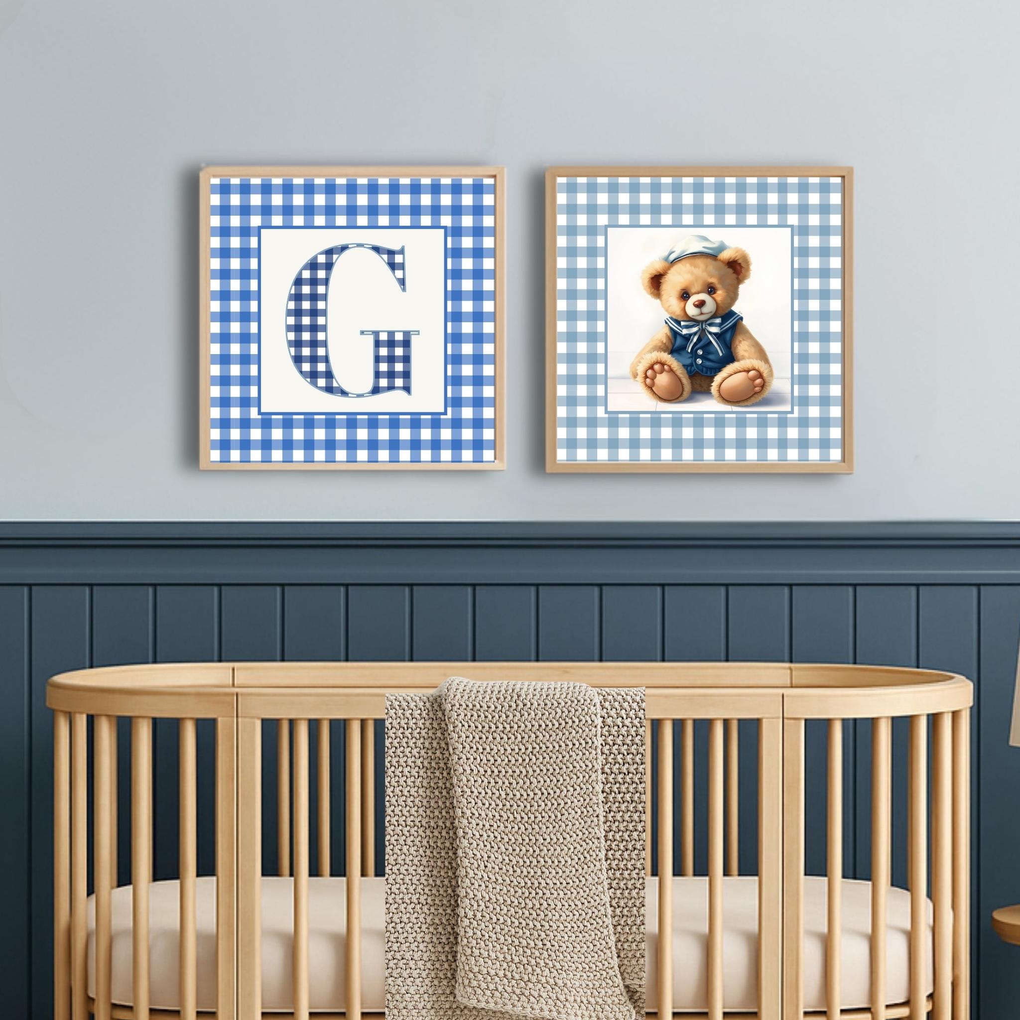 Blue Gingham Nursery Wall Art Custom Initial Name Baby Room Decor Set of 2 Monogram Framed Prints Bear Theme Kid Room Decor Gift for Newborn