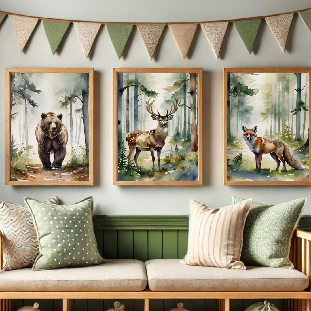 Set of 3 Woodland Nursery Prints, Bear Deer Fox Wall Art, Forest Theme ...