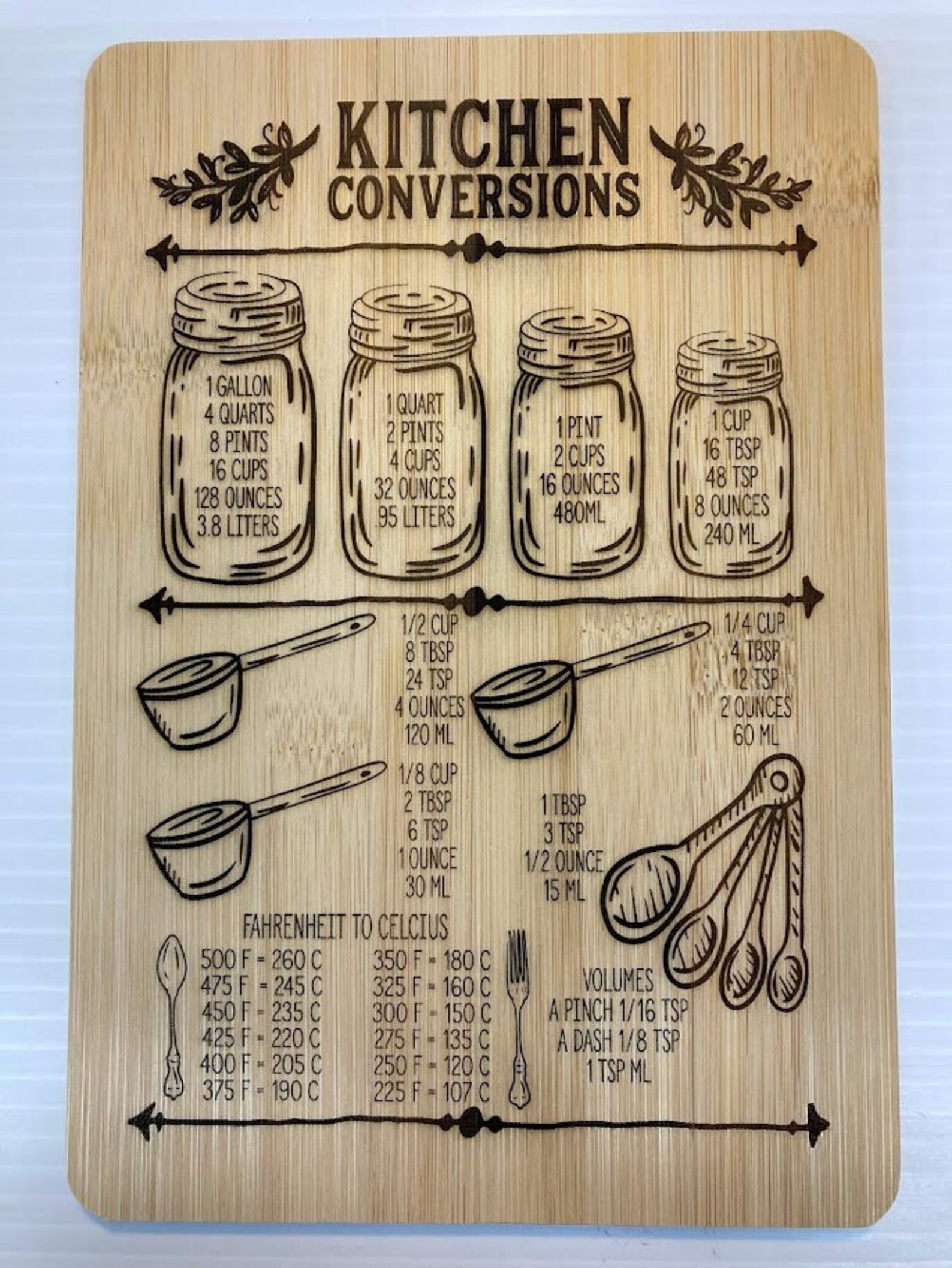 BAMBOO CUTTING BOARD Kitchen Conversion Chart Free Shipping Etsy