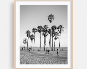 Impresión de Santa Mónica, arte mural de California, arte enmarcado en blanco y negro, decoración de palmeras para el hogar, póster de playa, bellas artes costeras, minimalista