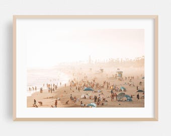 Huntington Beach-print, Californië muurkunst, strand ingelijste kunst, decor kusthuis, oceaanposter, palmboom beeldende kunst, zonsondergang, tropisch