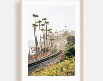 Affiche de San Clemente, Décoration murale californienne, Tableau encadré côtier, Décoration intérieure avec palmiers, Affiche ferroviaire, Affiche de plage, Paysage, Affiche de voyage