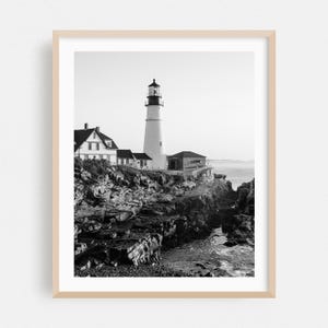 Cape Elizabeth Print, Maine Wall Art, Lighthouse Framed Art, Black And White Home Decor, Coastal Poster, Ocean Fine Art, Architecture