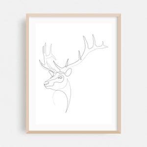 Grafika liniowa, grafika ścienna z jeleniem, minimalistyczny obraz w ramie, wystrój wnętrz z motywem dzikiej przyrody, plakat z motywem natury, abstrakcyjna sztuka, szkic, rysunek liniowy, poroże