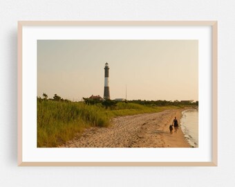 Fire Island-print, kunst aan de muur New York, vuurtoren ingelijste kunst, decor strand, kustposter, kunst natuur, oceaan, landschap, zonsondergang