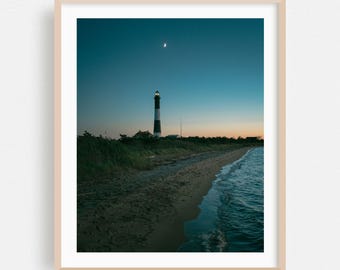 Fire Island-print, kunst aan de muur New York, vuurtoren ingelijste kunst, decor kust, strandposter, kunst zonsondergang, kust, oceaan, landschap