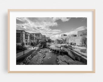 Impresión de Greenville, arte mural de Carolina del Sur, arte urbano enmarcado, decoración del hogar en blanco y negro, póster de arquitectura, arte de puentes, paisajes