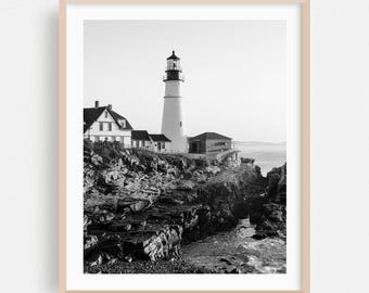 Stampa di Cape Elizabeth, Arte murale del Maine, Quadro con cornice di un faro, Decorazioni per la casa in bianco e nero, Poster costiero, Belle arti oceaniche, Architettura