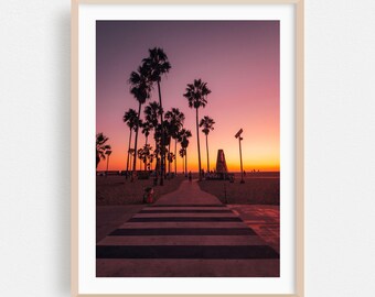 Los Angeles print, Californië muurkunst, zonsondergang ingelijste kunst, palmboom woondecoratie, strandposter, landschapskunst, tropisch, minimalistisch