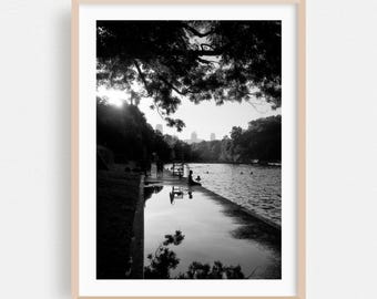 Austin Print, Texas Wall Art, Black And White Framed Art, Summer Home Decor, Scenic Poster, Water Fine Art, Landscape, Silhouette, Nature