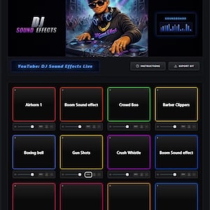 Könnte beinhalten: Eine digitale Soundboard-Oberfläche mit dem Titel DJ Sound Effects und einer zentralen Illustration eines DJs an einem Mischpult. Das Layout enthält beschriftete Tasten für Airhorn 1, Boom Sound effect, Crowd Boo, Barber Clippers, Boxing bell, Gun Shots und Crush Whistle.