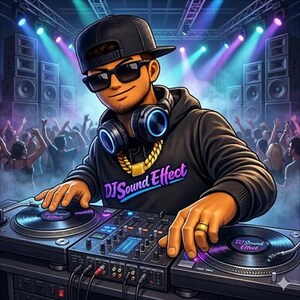 May include: Illustration of a DJ wearing sunglasses, a black cap, and headphones, operating turntables and a mixer. The DJ is wearing a black hoodie with the text "DJ Sound Effect". A crowd dances in the background, illuminated by stage lights.