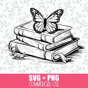 Schmetterling und Stapel Bücher SVG + PNG: Schmetterlinge, Floral, Wildblumen, Buchliebhaber, Lesen, Buchliebhaber, Cricut Cut Datei, Lesezeichen