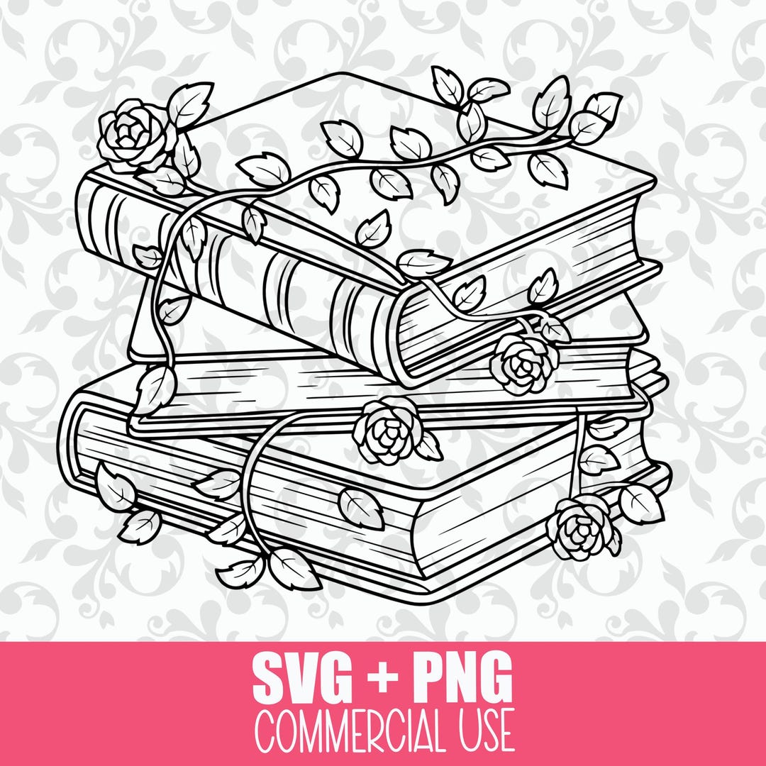 Floral Book Stack SVG: Reading Book With Vines, Cricut Cut File (PNG ...