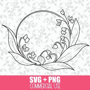Couronne de muguet SVG + PNG : fleur de naissance de mai, fleur de naissance de lys, fleur sauvage, fleurs sauvages, cloches bleues, fichier de coupe Cricut, dessin au trait