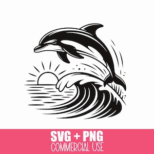Dolphin Jumping with Sunset SVG, Ocean Coastal Cut File for Cricut, Silhouette, and Glowforge