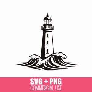 May include: Black and white illustration of a lighthouse surrounded by ocean waves. The lighthouse has a tall, cylindrical tower with a lantern room at the top. The waves are stylized and dynamic. Text at the bottom reads "SVG + PNG COMMERCIAL USE".
