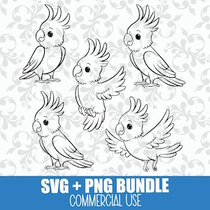 Cartoon Cockatiel SVG and PNG Bundle: Cute Pet Bird SVG for Cricut or Glowforge, Funny Bird Vector for Stickers, Shirts and Designs, Lineart