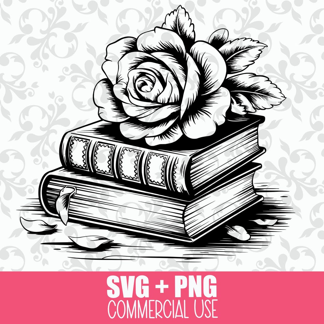 Stack of Books With Rose Flower SVG + PNG: Romance Books, Book Lover ...