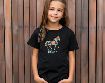 Personalized Horse Shirt for Kids, Floral Horse Tee, Toddler Horse Shirt, Custom Equestrian Gift, Girls Horse Lover Tee, Youth Horse Hoodie