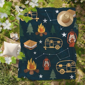Camping Blanket for Outdoors, Fleece Travel Blanket, Hiking Blanket, RV Blanket, Portable Throw, Gift for Campers, Cozy Adventure Blanket