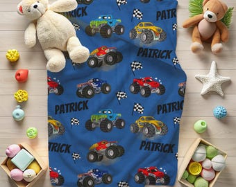 Personalized Monster Truck Blanket, Custom Kids Name Blanket, Boys Monster Truck Throw, Toddler Birthday Gift, Racing Car Blanket