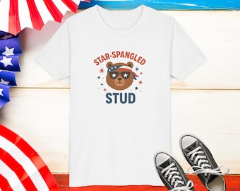 Star Spangled Stud Kids 4th of July T-Shirt, Patriotic Bear Tee, Boys Independence Day Shirt, Toddler & Youth 4th of July Shirt