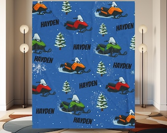 Personalized Snowmobile Blanket, Custom Name Winter Blanket, Kids Sledding Throw, Snowmobile Gift, Fleece Name Blanket, Boys Winter Decor