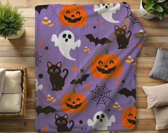 Halloween Blanket, Cute Ghost Pumpkin Black Cat Throw, Spooky Fall Plush Blanket, Purple Candy Corn Bat Spider Web Cozy Gift