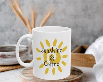 Taza de cerámica de 325 ml para amantes del café, ideal para ella, con la frase "Sun & Coffee", para la rutina matutina y para el té.