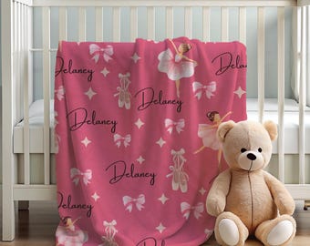 Personalized Ballerina Blanket for Kids, Custom Name Ballet Blanket, Girls Dance Gift, Pink Ballet Throw, Toddler Name Blanket