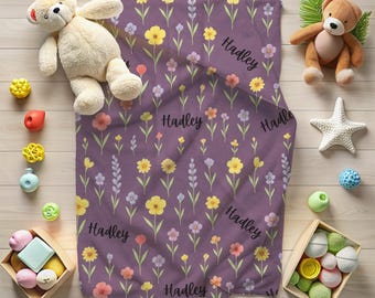 Personalized Wildflower Blanket, Custom Name Floral Blanket, Girls Flower Throw, Kids Name Blanket, Soft Fleece Nursery Blanket