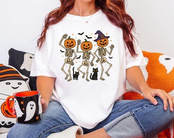 Dancing Skeleton Halloween Shirt, Pumpkin Head Comfort Colors Tee, Fall Crewneck, Funny Cat Witch Sweatshirt, Long Sleeve October Top