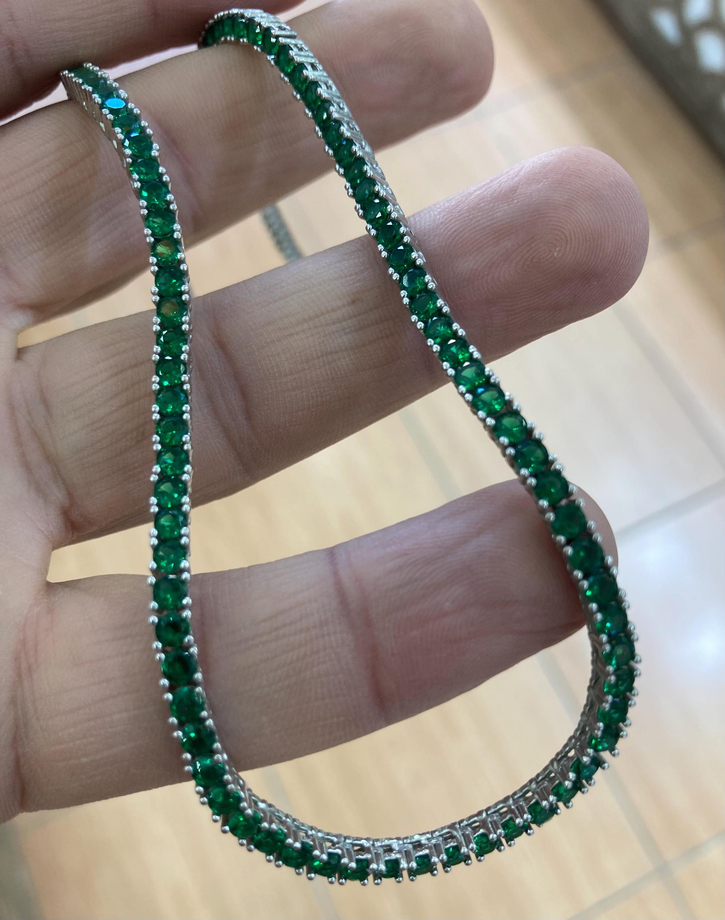 Emerald Tennis Necklace, 925 Sterling Silver Green Stone
