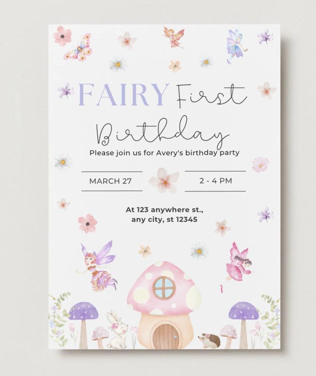 Fairy First Birthday Invitation, Evite, Digital Download, Fiary ...