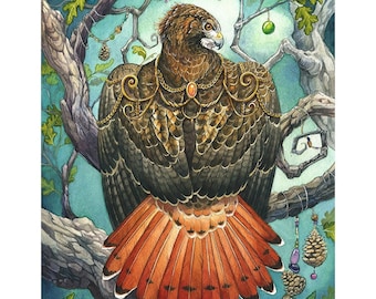 Forest Red - Impressão de falcão de cauda vermelha de fantasia - Arte de pássaros selvagens