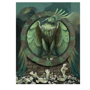 May include: A green bird with a long beak and a crown of feathers stands inside a clock face. The clock face has Roman numerals and a green hand pointing to the number twelve. The bird is surrounded by a pile of bones.