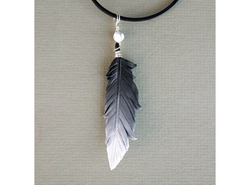 Black and White Leather Feather Pendant - Leather Feather Necklace with White and Black Stone Bead - 3 inches