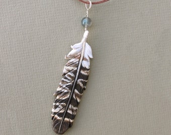 Owl Leather Feather - Leather Feather Pendant with Labradorite Stone - 3 inches