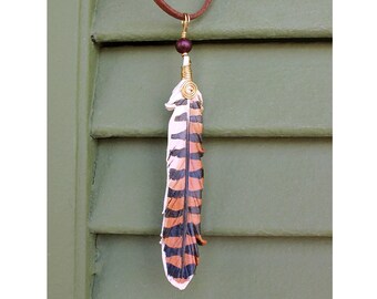 American Kestrel Tail Leather Feather Pendant - Bird of Prey Raptor Leather Feather Necklace with Wood Bead - 3 inches