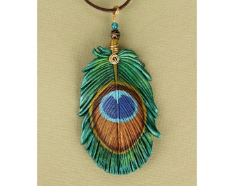 Leather Peacock Feather Pendant - Bird Feather Necklace with Blue Stone Bead - 3 inches